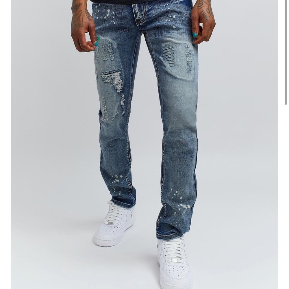 Reason Light Blue Denim Distressed Stretch Style Mens Jeans